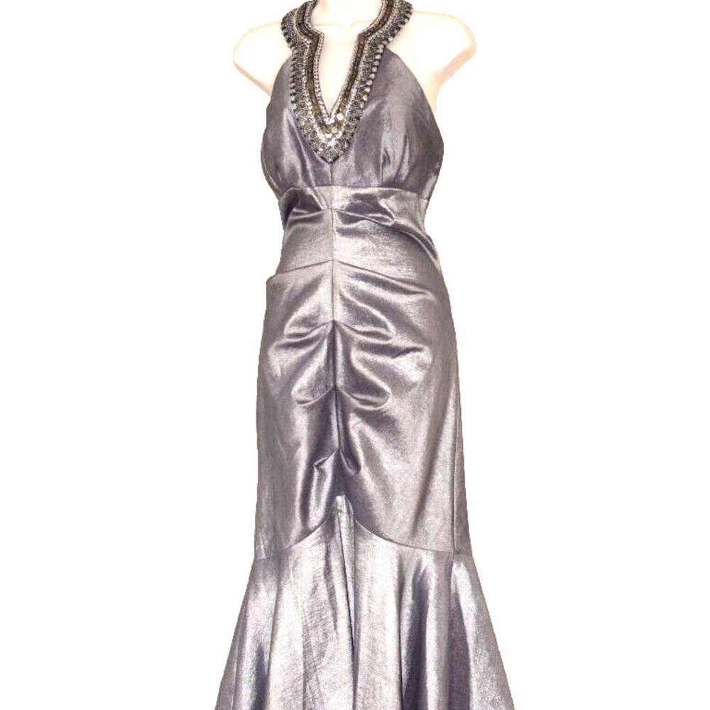 NV Couture Silver Gray Beaded Neck Halter dress Gown Size:14
